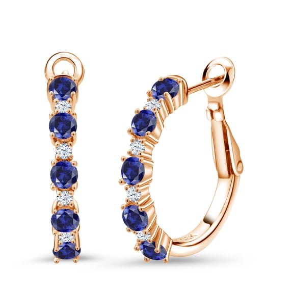 Gem Stone King 18K Rose Gold Plated Silver Women Hoop Earrings Blue Created Sapphire (5.44 Cttw, Round Cut, 3/7 inch Diameter)