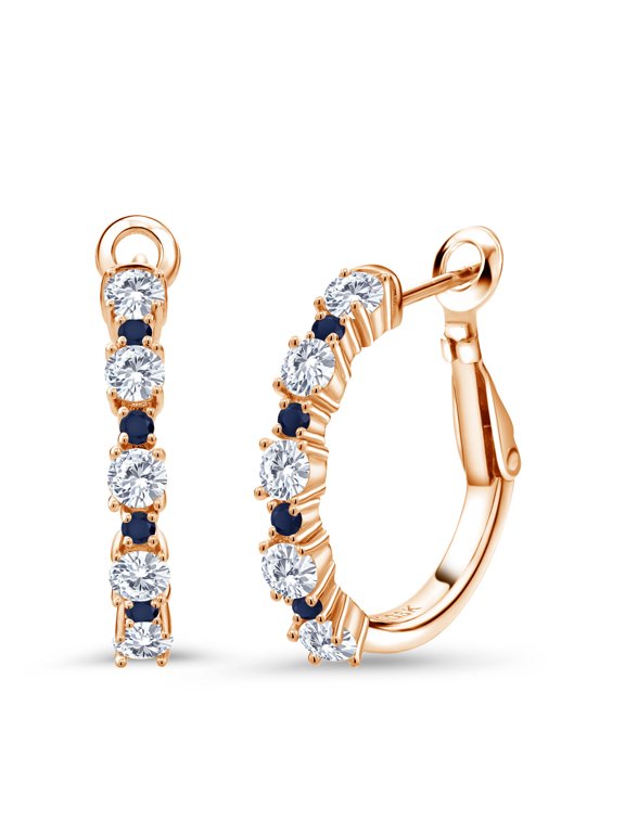 1.34 Ct G/H Lab Grown Diamond Blue Sapphire 18K Rose Gold Plated Silver Earrings