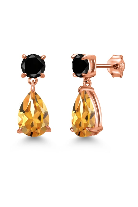 18K Rose Gold Plated Silver Yellow Citrine and Black Diamond Teardrop Dangle Drop Earrings for Women (7.88 Cttw, Gemstone Birthstone, Pear Shape 12x8MM, Round 6MM)
