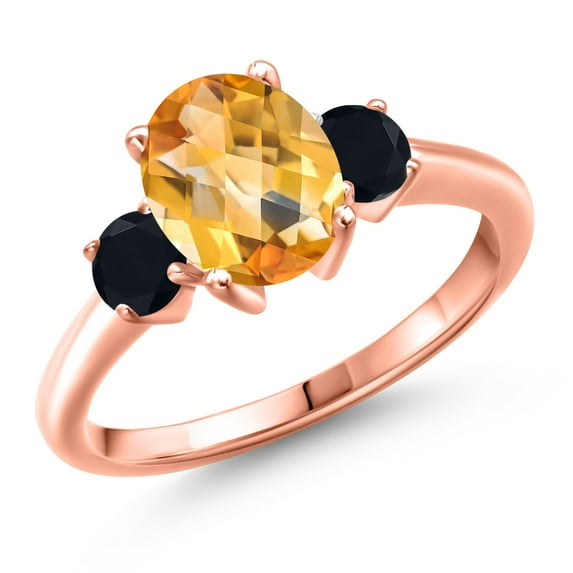 Gem Stone King 18K Rose Gold Plated Silver Yellow Citrine and Black Onyx Engagement Ring for Women | 2.09 Cttw | Oval Checkerboard 9X7MM | Gemstone November Birthstone | Size 8
