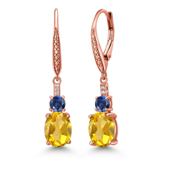 Gem Stone King 18K Rose Gold Plated Silver Yellow Citrine and Blue Created Sapphire Dangle Earrings for Women with Lab Grown Diamond (3.53 Cttw, Oval 9X7MM)