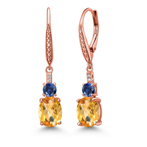 Gem Stone King 18K Rose Gold Plated Silver Yellow Citrine and Blue Created Sapphire Dangle Earrings for Women with Lab Grown Diamond (3.83 Cttw, Oval Checkerboard 9X7MM)