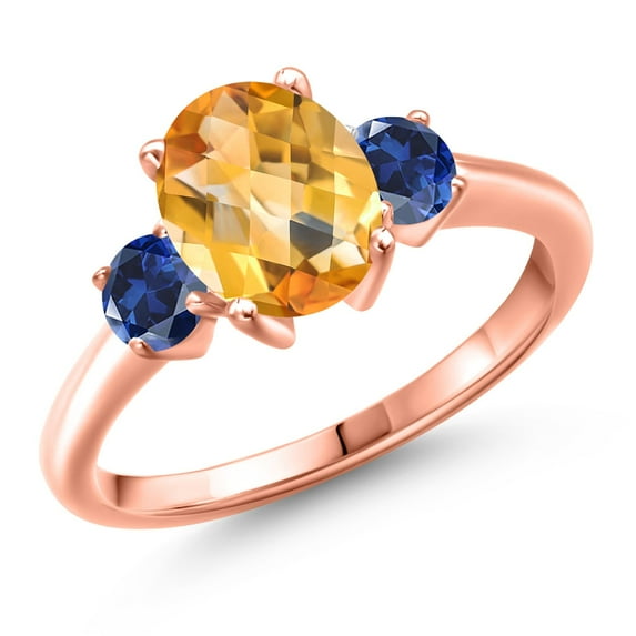 Gem Stone King 18K Rose Gold Plated Silver Yellow Citrine and Blue Created Sapphire Engagement Ring for Women | 2.15 Cttw | Oval Checkerboard 9X7MM | Gemstone November Birthstone | Size 5