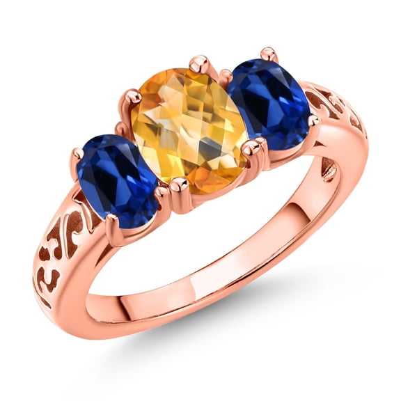 Gem Stone King 18K Rose Gold Plated Silver Yellow Citrine and Blue Created Sapphire Filigree Style 3 Stone Ring for Women (2.45 Cttw, Oval 8X6MM and 6X4MM) (Size 9)