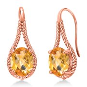 GEM STONE KING 18K Rose Gold Plated Silver Yellow Citrine Earrings for Women (3.30 Cttw, Gemstone November Birthstone, Oval Checkerboard 9X7MM)