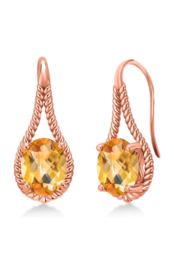 18K Rose Gold Plated Silver Yellow Citrine Earrings for Women (3.30 Cttw, Gemstone November Birthstone, Oval Checkerboard 9X7MM)