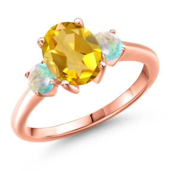 Gem Stone King 18K Rose Gold Plated Silver Yellow Citrine and Simulated White Opal Engagement Ring for Women | 2.00 Cttw | Oval 9X7MM | Gemstone November Birthstone | Size 5