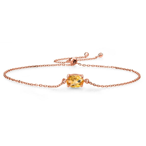 Gem Stone King 18K Rose Gold Plated Silver Yellow Citrine Solitaire Bracelet for Women (1.25 Cttw, Oval Checkerboard 8X6MM, Gemstone November Birthstone, Fully Adjustable up to 9 inch)