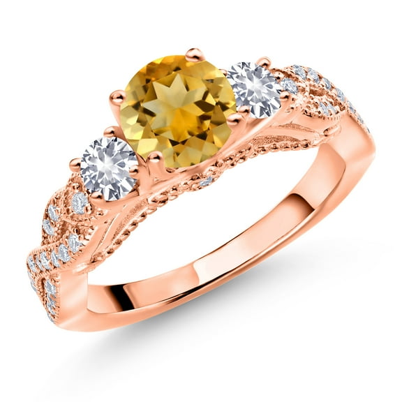 Gem Stone King 18K Rose Gold Plated Silver Yellow Citrine White Created Sapphire and White Moissanite Engagement Ring for Women (1.33 Cttw, Gemstone November Birthstone, Round 6MM and 3MM, Size 7)