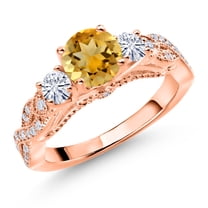 Gem Stone King 18K Rose Gold Plated Silver Yellow Citrine and White Moissanite Engagement Ring for Women (1.27 Cttw, Gemstone November Birthstone, Round 6MM and 3MM, Size 6)