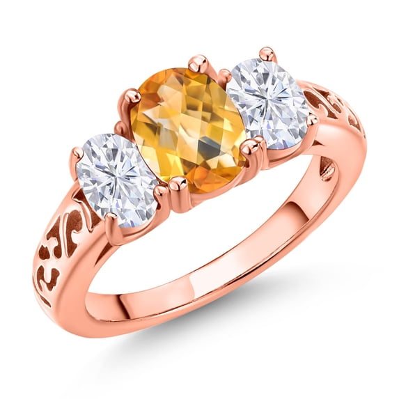 Gem Stone King 18K Rose Gold Plated Silver Yellow Citrine and White Moissanite Filigree Style 3 Stone Ring for Women (2.25 Cttw, Oval 8X6MM and 6X4MM) (Size 8)