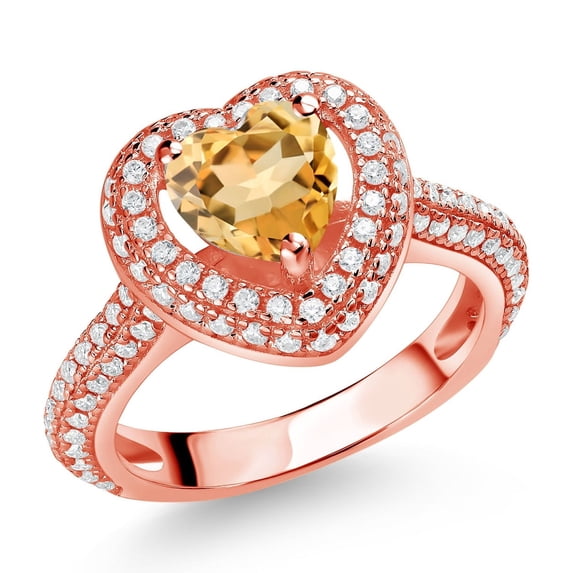 Gem Stone King 18K Rose Gold Plated Silver Yellow Citrine and White Moissanite Heart Shape Ring for Women (1.27 Cttw, Available in Size 5, 6, 7, 8, 9)