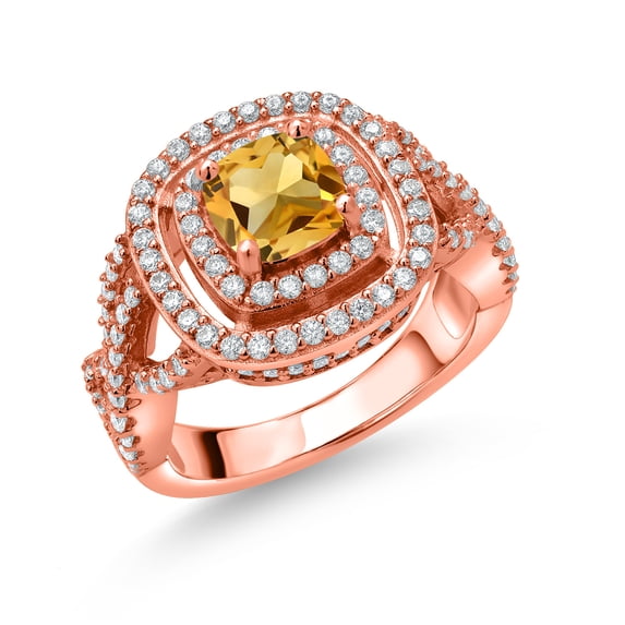 Gem Stone King 18K Rose Gold Plated Silver Yellow Citrine and White Moissanite Ring for Women (1.84 Cttw, Gemstone Birthstone, Cushion Cut 6MM, Size 8)
