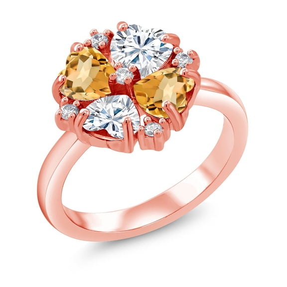 Gem Stone King 18K Rose Gold Plated Silver Yellow Citrine and White Moissanite Ring for Women (1.84 Cttw, Heart Shape 5MM, Gemstone November Birthstone, Size 5)