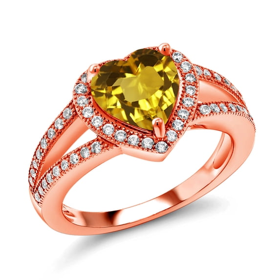 Gem Stone King 18K Rose Gold Plated Silver Yellow Citrine and White Moissanite Ring for Women (2.11 Cttw, Gemstone November Birthstone, Heart Shape 8MM, Available in Size 5,6,7,8,9)