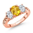 thumbnail image 1 of Gem Stone King 18K Rose Gold Plated Silver Yellow Citrine and White Topaz Filigree Style 3 Stone Ring for Women (2.50 Cttw, Oval 8X6MM and 6X4MM) (Size 6), 1 of 6