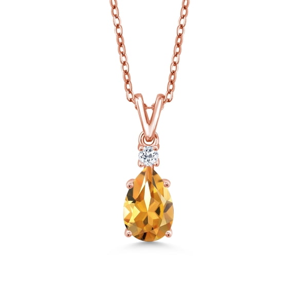 Gem Stone King 18K Rose Gold Plated Silver Yellow Citrine and White Topaz Pendant Necklace for Women (1.15 Cttw, Gemstone November Birthstone, Pear Shape 9X6MM, with 18 inch Chain)