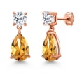 thumbnail image 1 of Gem Stone King 18K Rose Gold Plated Silver Yellow Citrine and White Topaz Teardrop Dangle Drop Earrings for Women (7.58 Cttw, Gemstone Birthstone, Pear Shape 12x8MM, Round 6MM), 1 of 4