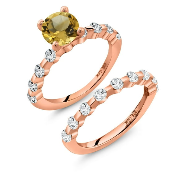 Gem Stone King 18K Rose Gold Plated Silver Yellow Citrine and White Topaz Wedding Engagement Ring Band Bridal Set for Women (2.66 Cttw, Gemstone November Birthstone, Round 7MM, Size 5)