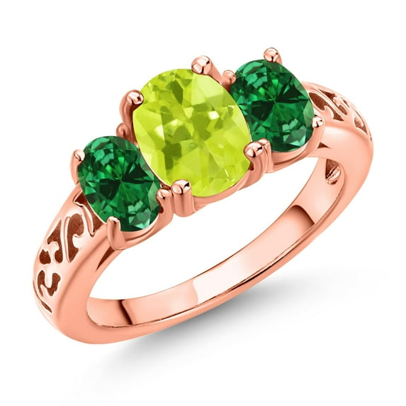 Gem Stone King 18K Rose Gold Plated Silver Yellow Lemon Quartz and Green Created Emerald Filigree Style 3 Stone Ring for Women (1.80 Cttw, Oval 8X6MM and 6X4MM) (Size 9)