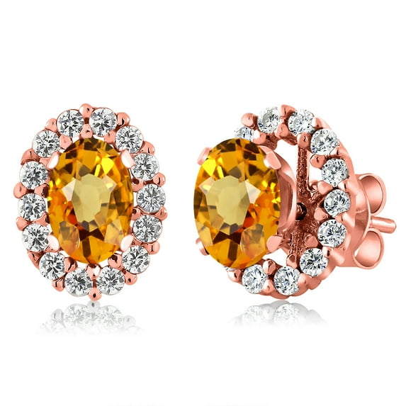 Gem Stone King 18K Rose Gold Plated Silver Yellow Sapphire Stud Earrings with Removable Jackets for Women (1.59 Cttw, Gemstone September Birthstone, Oval 6X4MM)