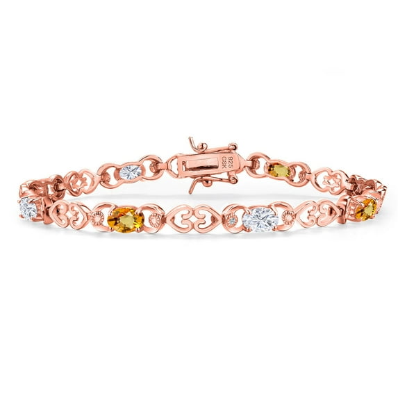 Gem Stone King 18K Rose Gold Plated Silver Yellow Sapphire and White Moissanite and Lab Grown Diamond Bracelet for Women | 4.47 Cttw | Gemstone September Birthstone | Oval 6X4MM | Length 7.25 inches