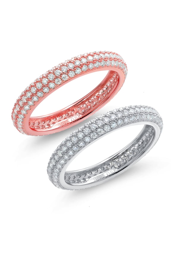 18K Rose Gold Plated and White Silver Moissanite 3-Rows Micro Pave Setting Eternity Wedding Band Set of 2 Rings for Women (1.08 Cttw Each, Size 7)