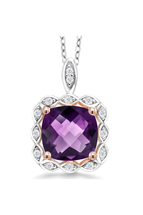 18K Two-Tone Sterling Silver Pendant Necklace for Women Cushion Checkerboard Amethyst and Moissanite (3.07 Cttw)