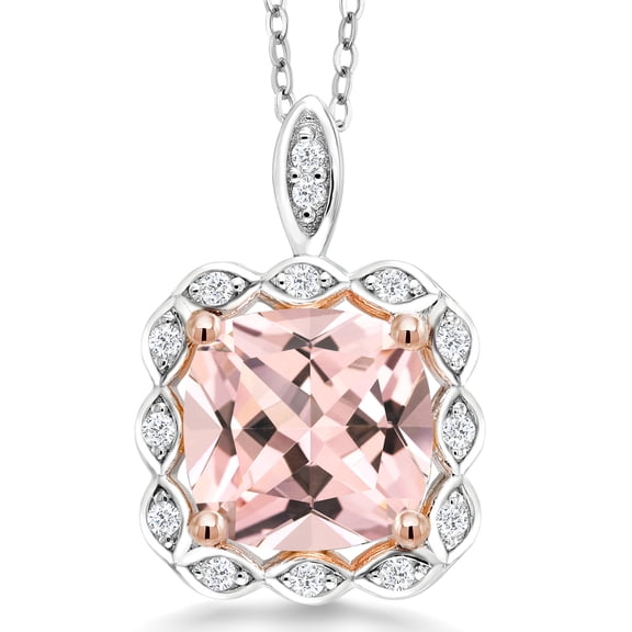 Gem Stone King 18K Two-Tone Sterling Silver Pendant Necklace for Women Cushion Nano Morganite and Moissanite (4.39 Cttw)