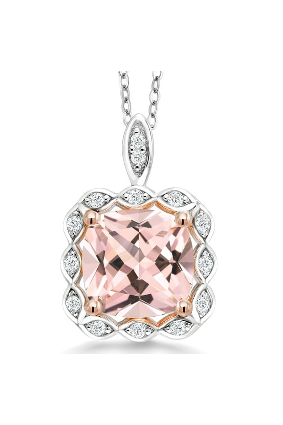 18K Two-Tone Sterling Silver Pendant Necklace for Women Cushion Nano Morganite and Moissanite (4.39 Cttw)