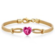 Gem Stone King 18K Two Tone Sterling Silver Pink Created Sapphire and White Lab Grown Diamond Bracelet for Women 1.84 Cttw, Heart Shape 8MM, 6.5/7/7.5 inches, Made in Italy