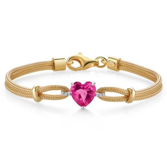 Gem Stone King 18K Two Tone Sterling Silver Pink Created Sapphire and White Lab Grown Diamond Bracelet for Women (1.84 Cttw, Heart Shape 8MM, 6.5/7/7.5 inches, Made in Italy)