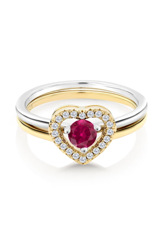 18K Two-Tone Plated Sterling Silver Red Created Ruby Women Ring (0.49 Cttw, Round 4MM, Size 8)