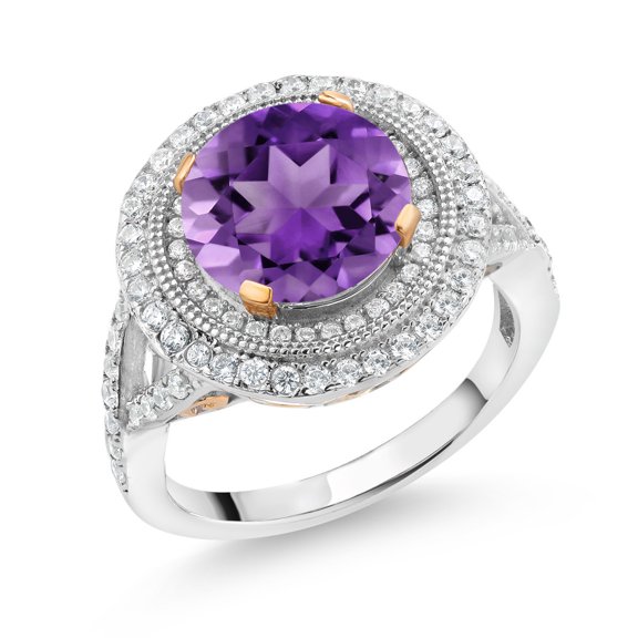 Gem Stone King 18K Two-Tone Sterling Silver Round Purple Amethyst Ring for Women | 3.00 Cttw | Gemstone Birthstone | Wedding Engagement Anniversary Promise Ring for Women | Siez 6