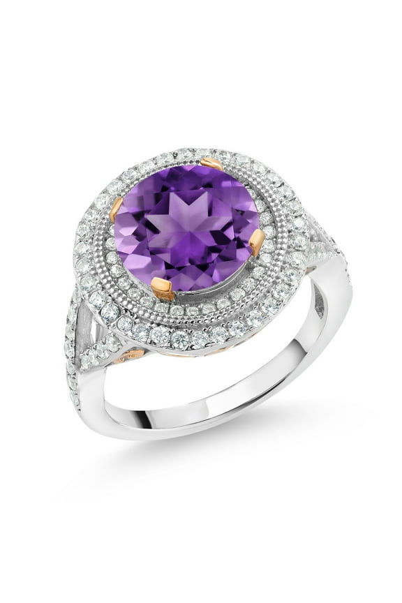 18K Two-Tone Sterling Silver Round Purple Amethyst Ring for Women | 3.00 Cttw | Gemstone Birthstone | Wedding Engagement Anniversary Promise Ring for Women