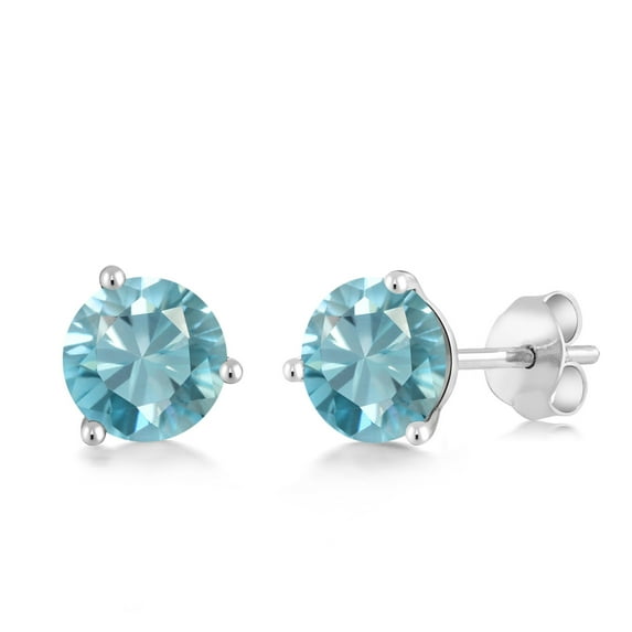 Gem Stone King 18K White Gold Blue Zircon 3-Prong Stud Earrings for Women Men (1.70 Cttw, Gemstone Birthstone, Round 5MM)