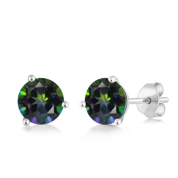 Gem Stone King 18K White Gold Green Mystic Topaz 3-Prong Stud Earrings for Women Men (1.10 Cttw, Gemstone November Birthstone, Round 5MM)