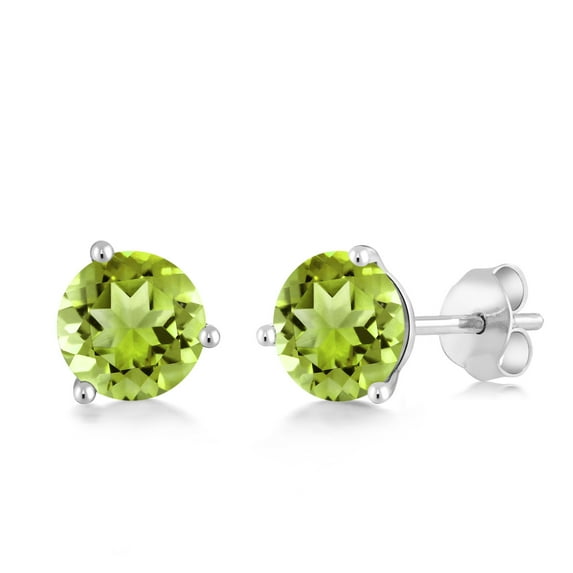 Gem Stone King 18K White Gold Green Peridot 3-Prong Stud Earrings for Women Men (1.10 Cttw, Gemstone August Birthstone, Round 5MM)
