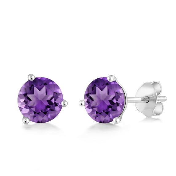 Gem Stone King 18K White Gold Purple Amethyst 3-Prong Stud Earrings for Women Men (0.95 Cttw, Gemstone February Birthstone, Round 5MM)