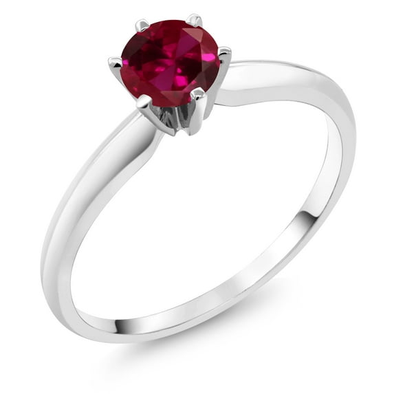 Gem Stone King 18K White Gold Red Created Ruby Engagement Solitaire Ring for Women (1.00 Cttw, Round 5MM, Gemstone July Birthstone, Size 9)