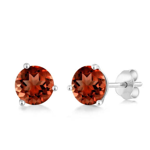 Gem Stone King 18K White Gold Red Garnet 3-Prong Stud Earrings for Women Men (1.10 Cttw, Gemstone January Birthstone, Round 5MM)