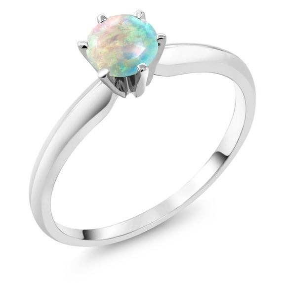 Gem Stone King 18K White Gold Simulated White Opal Engagement Solitaire Ring for Women (0.50 Cttw, Round Cabochon 5MM, Gemstone October Birthstone, Size 8)