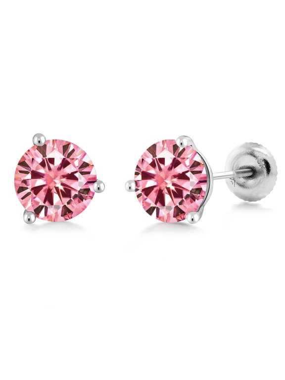 18K White Gold Stud Earrings for Women Men Pink Round Moissanite 2.00cttw