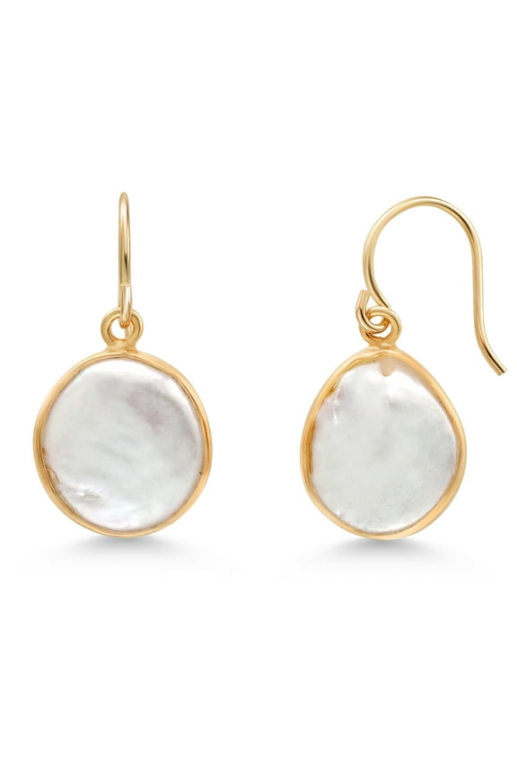 18K Yellow Gold Plated 12MM Cultured Freshwater Pearl French Wire Dangle Hook Earrings for Women