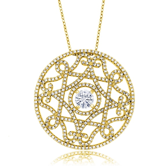 Gem Stone King 18K Yellow Gold Plated Moissanite Filigree Pendant Necklace for Women | 2.00 Cttw | Round 6MM | Gemstone Birthstone | Length: 1.5 inch | with 18 inch Chain