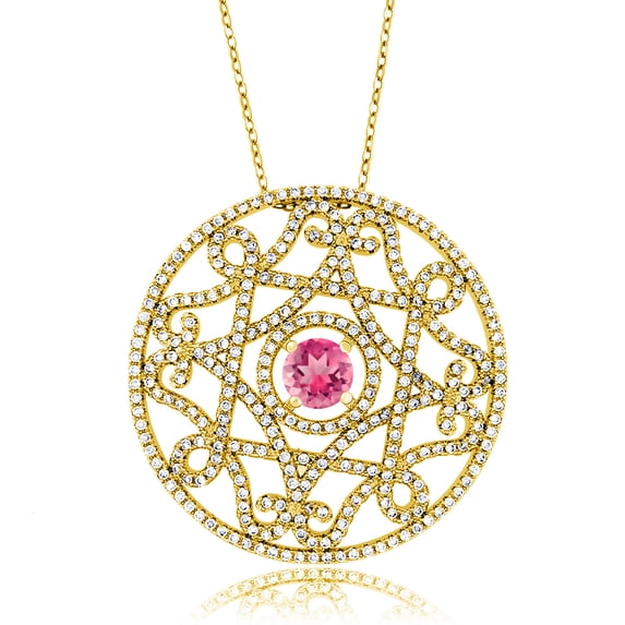 18K Yellow Gold Plated Pink Mystic Topaz Filigree Pendant Necklace for Women | 2.70 Cttw | Round 6MM | Gemstone November Birthstone | Length: 1.5 inch | Center: 6MM | with 18 inch Chain