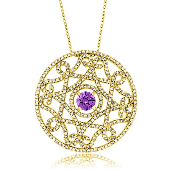 Gem Stone King 18K Yellow Gold Plated Purple Zirconia Filigree Pendant Necklace for Women | 2.70 Cttw | Round 6MM | Gemstone Birthstone | Length: 1.5 inch | Center: 6MM | with 18 inch Chain