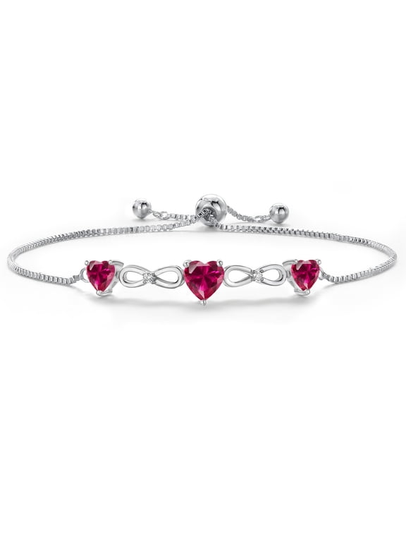 18K Yellow Gold Plated Red Created Ruby and White Moissanite Tennis Bracelet for Women | 2.16 Cttw | Gemstone July Birthstone | Heart Shape 6MM and 5MM | Fully Adjustable up to 9 inch