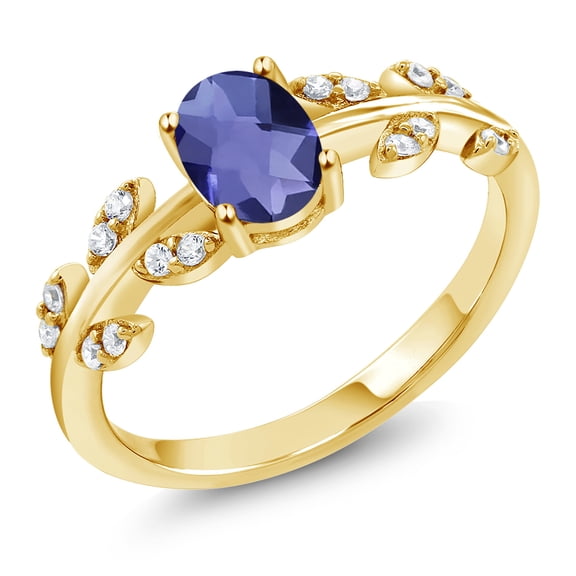 Gem Stone King 18K Yellow Gold Plated Silver 0.86 Ct Oval Checkerboard Blue Iolite Greek Olive Vine Branch Engagement Ring