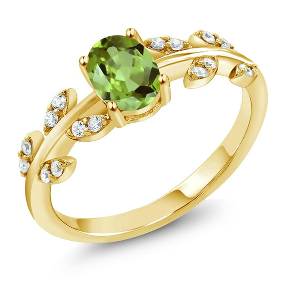 Gem Stone King 18K Yellow Gold Plated Silver 1.11 Ct Oval Green Peridot Greek Olive Vine Branch Engagement Ring